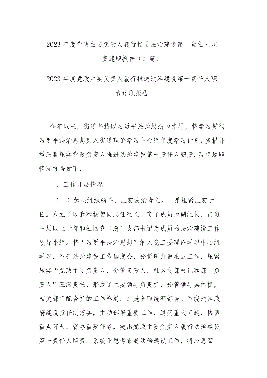 2023年度党政主要负责人履行推进法治建设第一责任人职责述职报告(二篇).docx_第1页