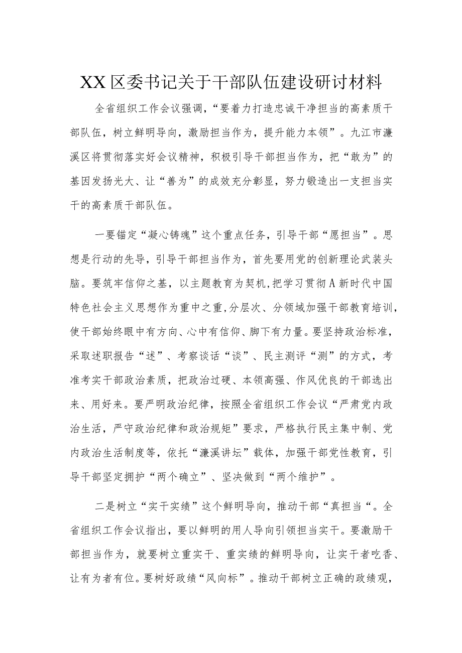 XX区委书记关于干部队伍建设研讨材料.docx_第1页