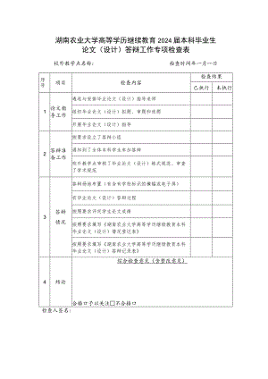 湖南农业大学高等学历继续教育2024届本科毕业生论文设计答辩工作专项检查表.docx