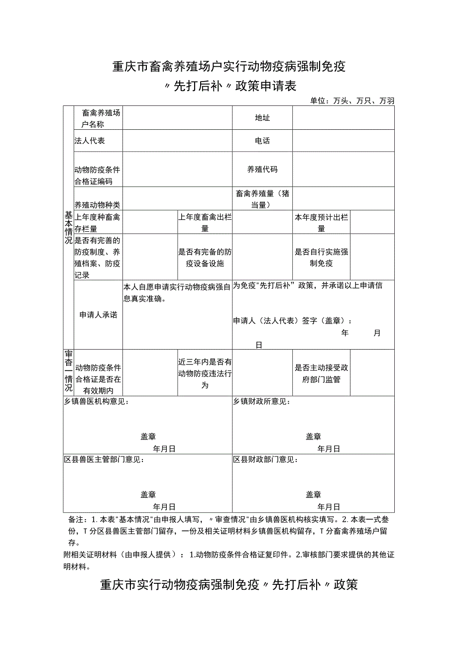 重庆市畜禽养殖场户实行动物疫病强制免疫“先打后补”政策申请表.docx_第1页