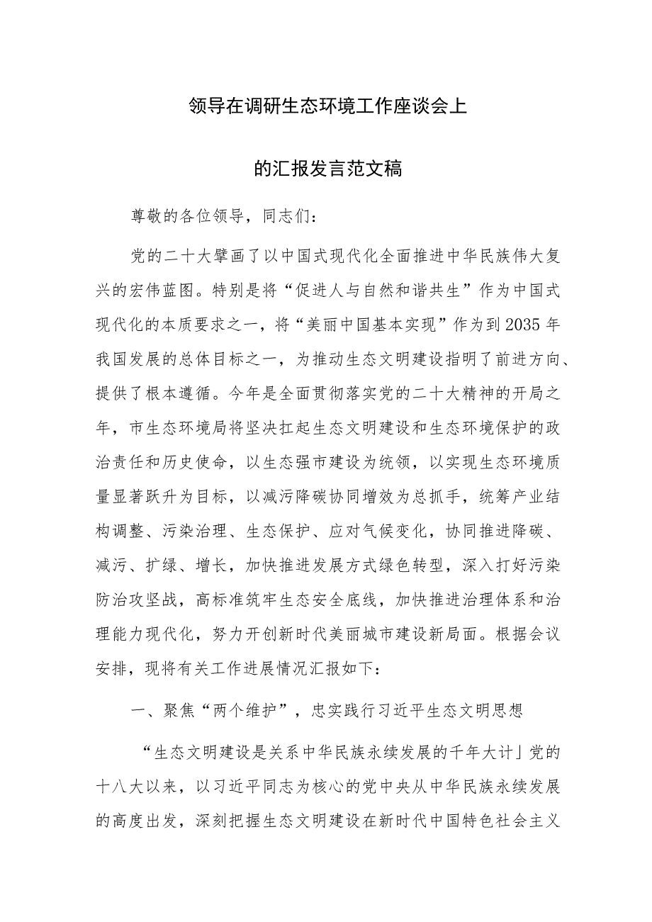 领导在调研生态环境工作座谈会上的汇报发言范文稿.docx_第1页