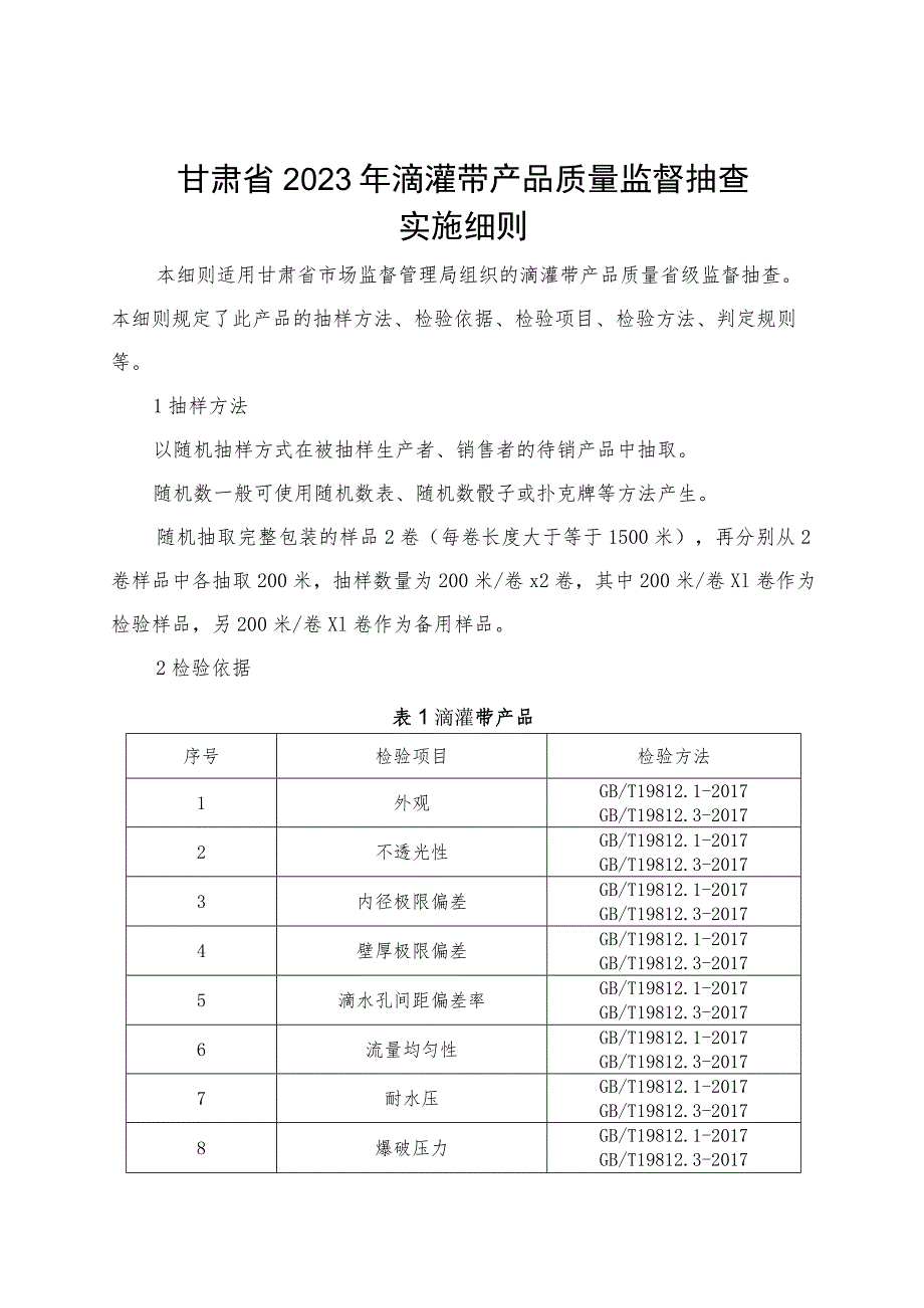 甘肃省2023年滴灌带产品质量监督抽查实施细则.docx_第1页