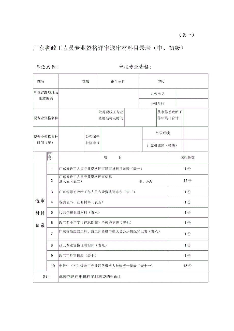 表一广东省政工人员专业资格评审送审材料目录表中、初级.docx_第1页