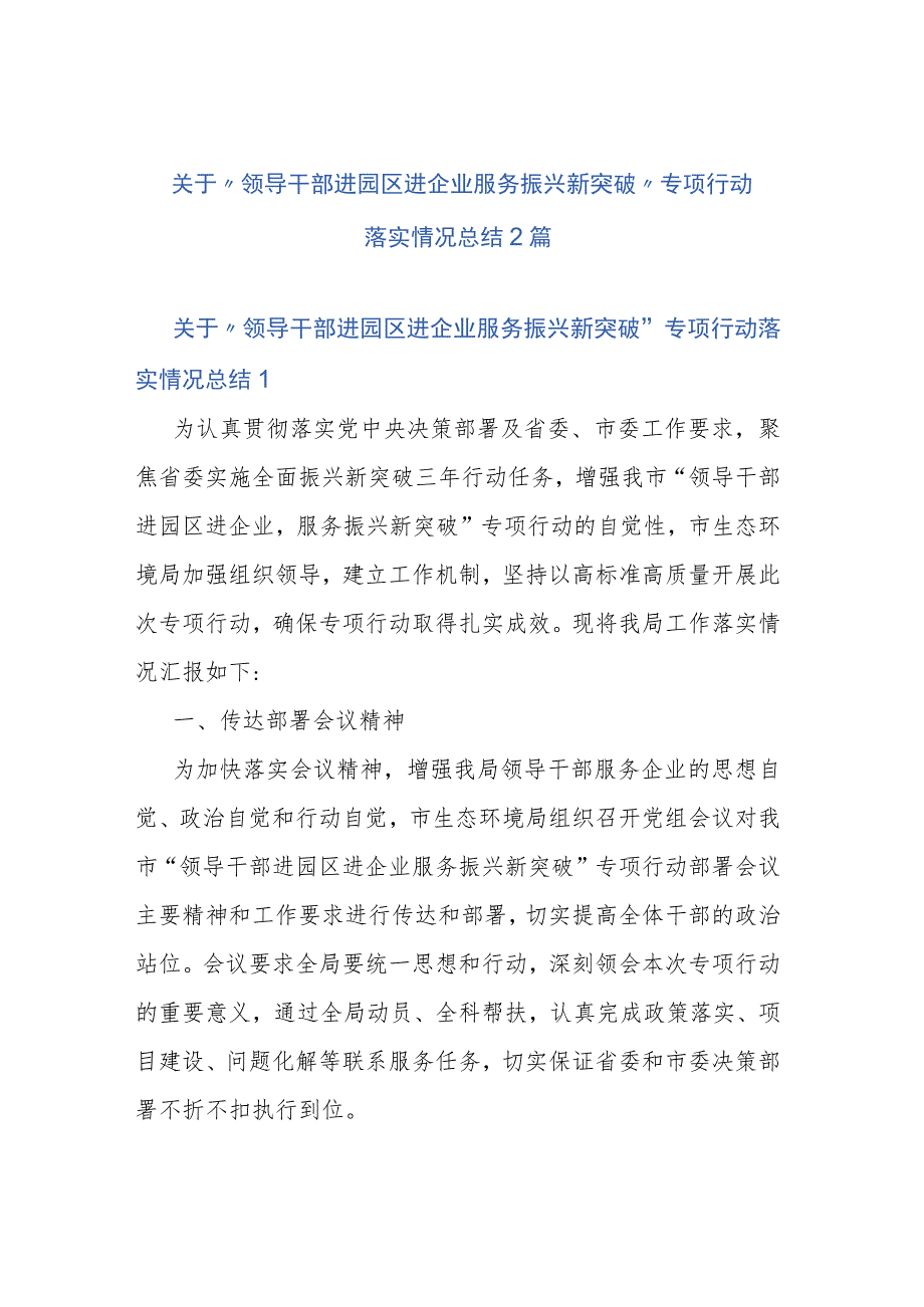 关于“领导干部进园区 进企业 服务振兴新突破”专项行动落实情况总结2篇.docx_第1页