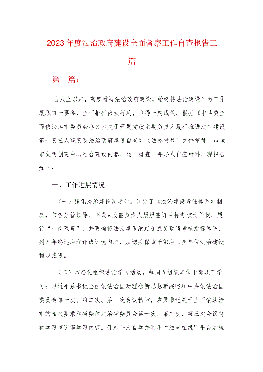 2023年度法治政府建设全面督察工作自查报告三篇.docx_第1页