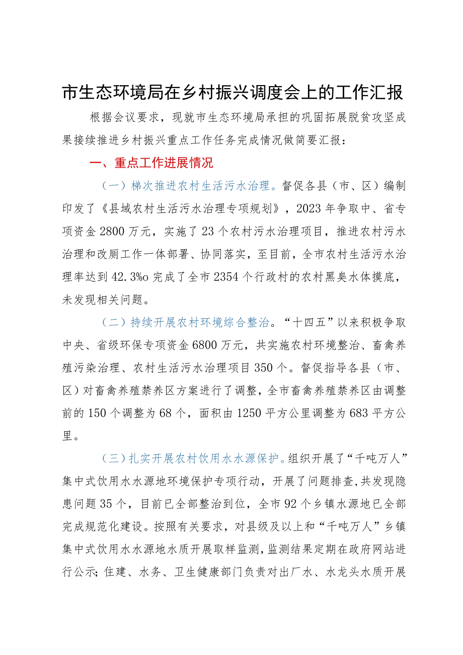 市生态环境局在乡村振兴调度会上的工作汇报.docx_第1页