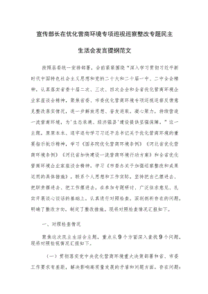 宣传部长在优化营商环境专项巡视巡察整改专题民主生活会发言提纲范文.docx