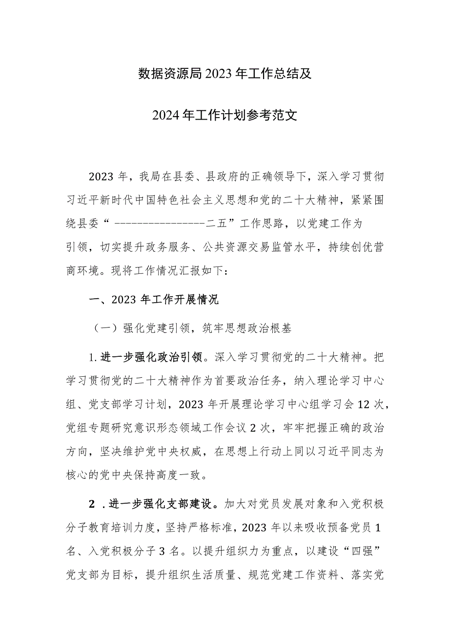 数据资源局2023年工作总结及2024年工作计划参考范文.docx_第1页