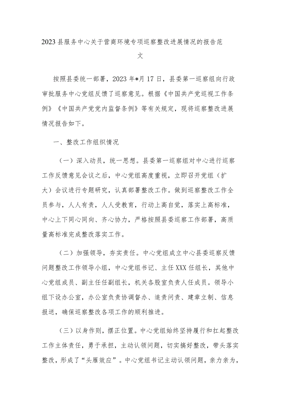 2023县服务中心关于营商环境专项巡察整改进展情况的报告范文.docx_第1页