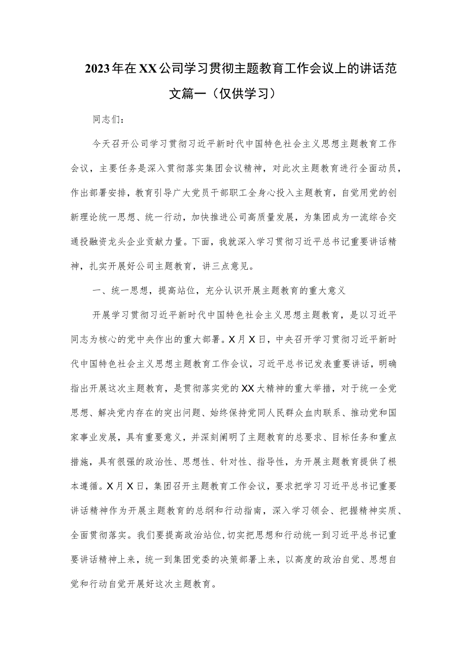 2023年在公司学习贯彻主题教育工作会议上的讲话范文篇一.docx_第1页