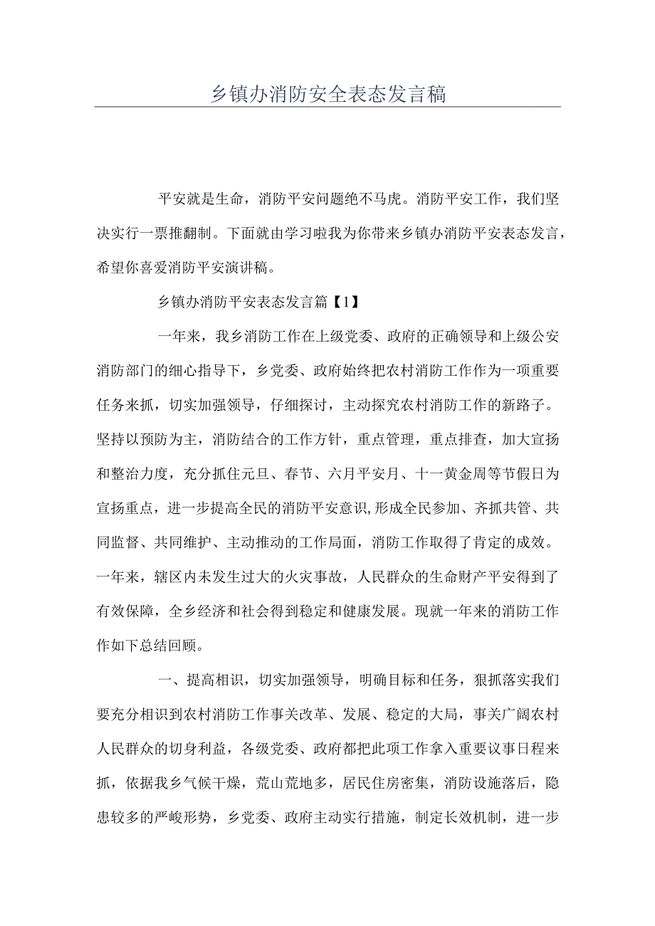 乡镇办消防安全表态发言稿.docx_第1页