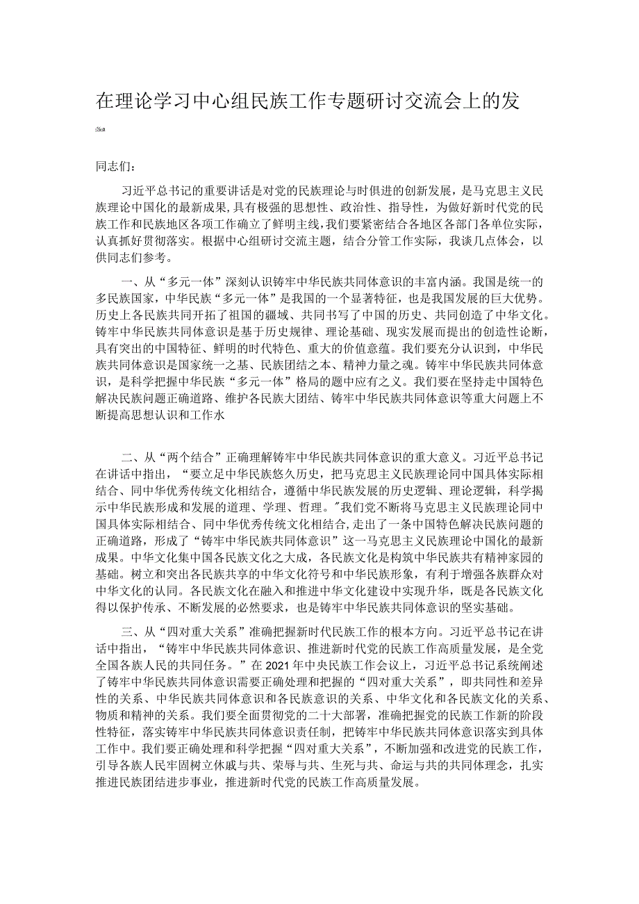 在理论学习中心组民族工作专题研讨交流会上的发言.docx_第1页