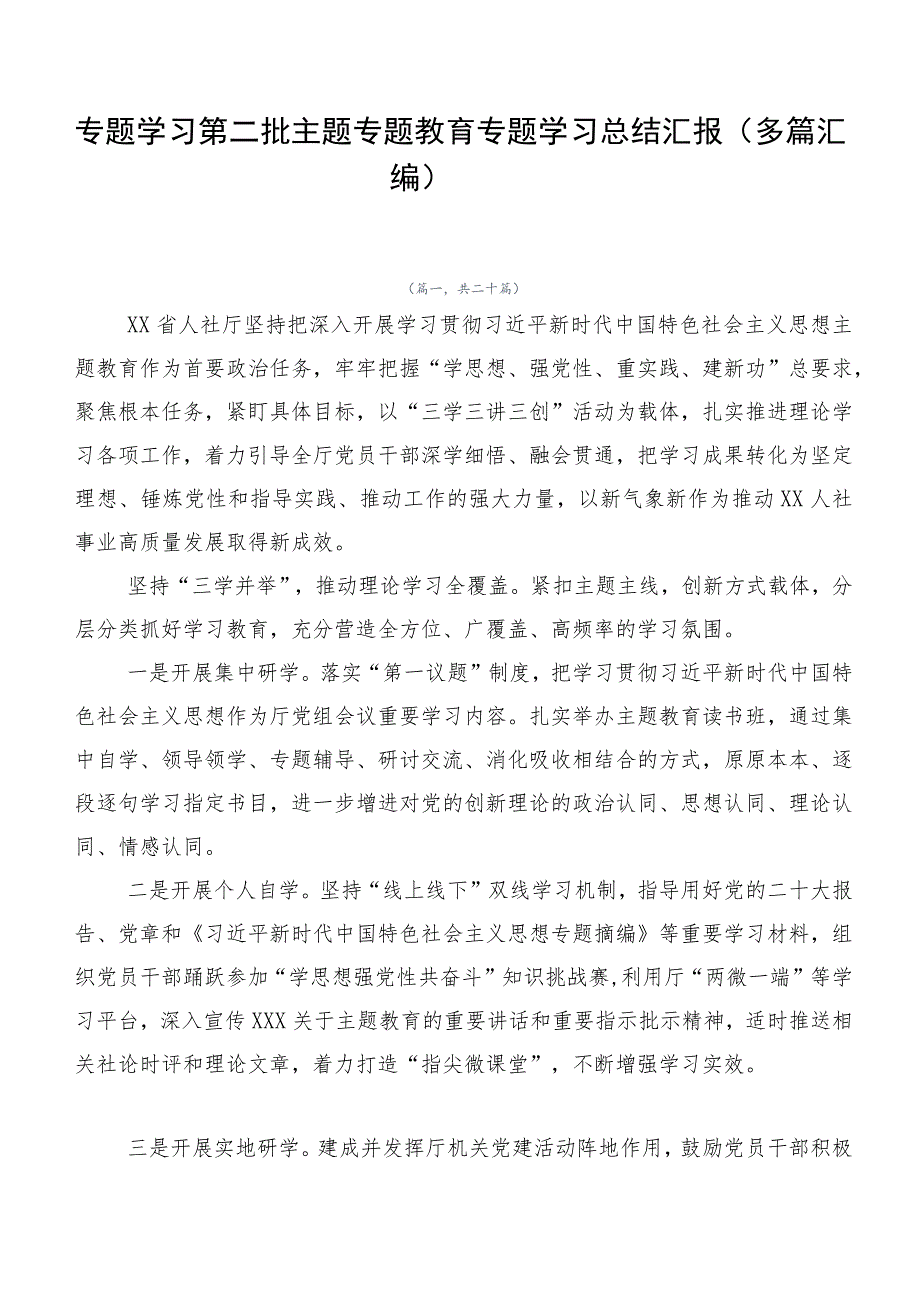 专题学习第二批主题专题教育专题学习总结汇报（多篇汇编）.docx_第1页