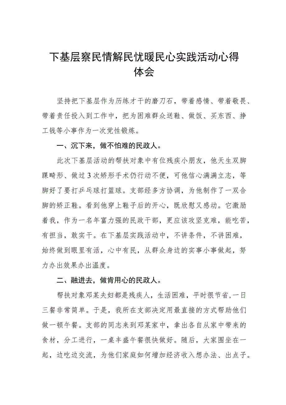 2023年民政局开展下基层察民情解民忧暖民心实践活动的心得体会六篇.docx_第1页