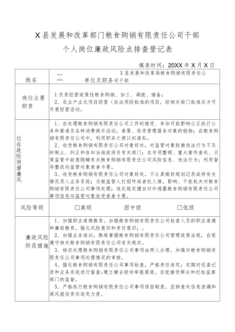 某县发展和改革部门粮食购销有限责任公司干部个人岗位廉政风险点排查登记表.docx_第1页