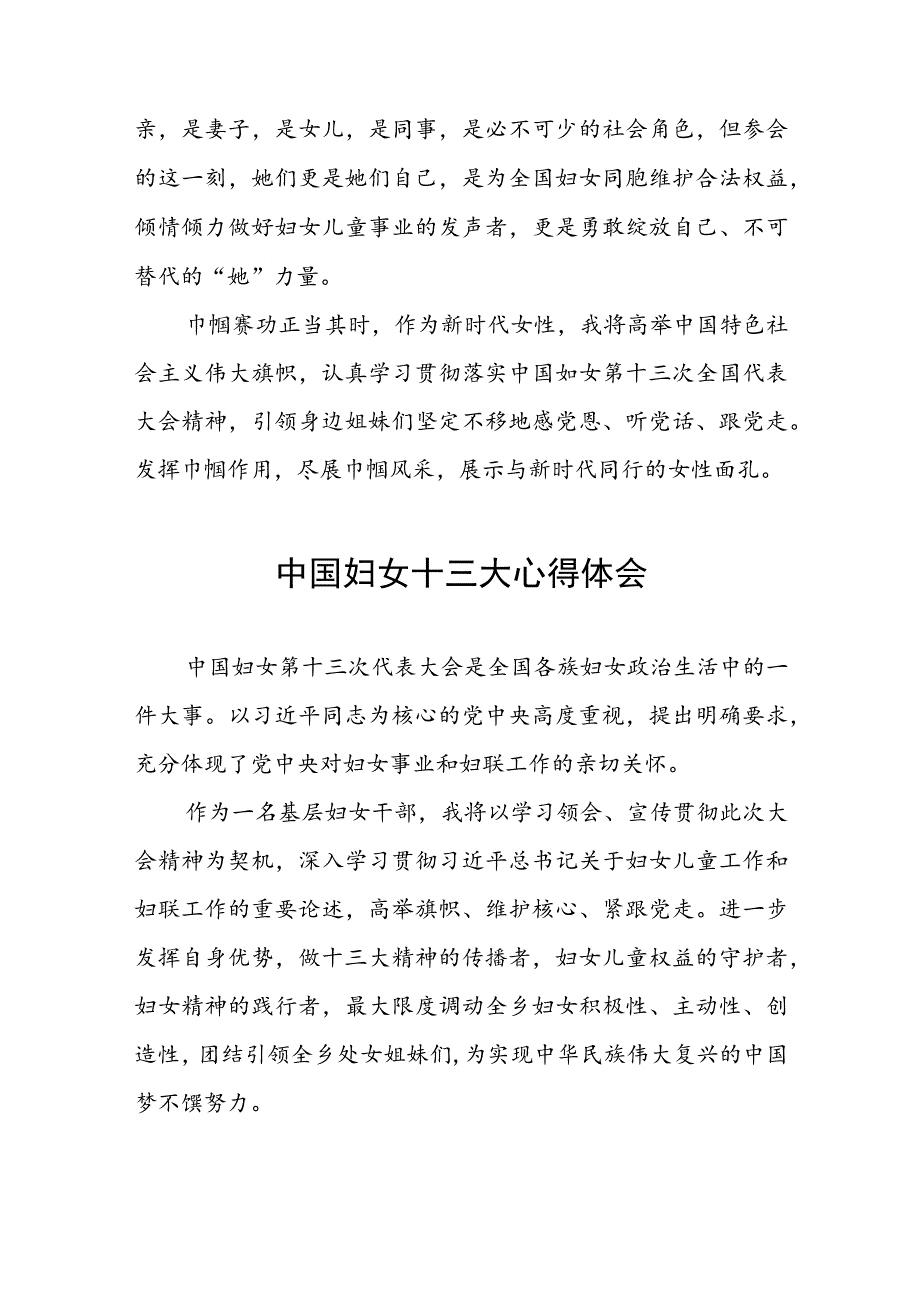 妇女干部学习中国妇女第十三次全国代表大会精神心得体会简短发言十七篇.docx_第3页