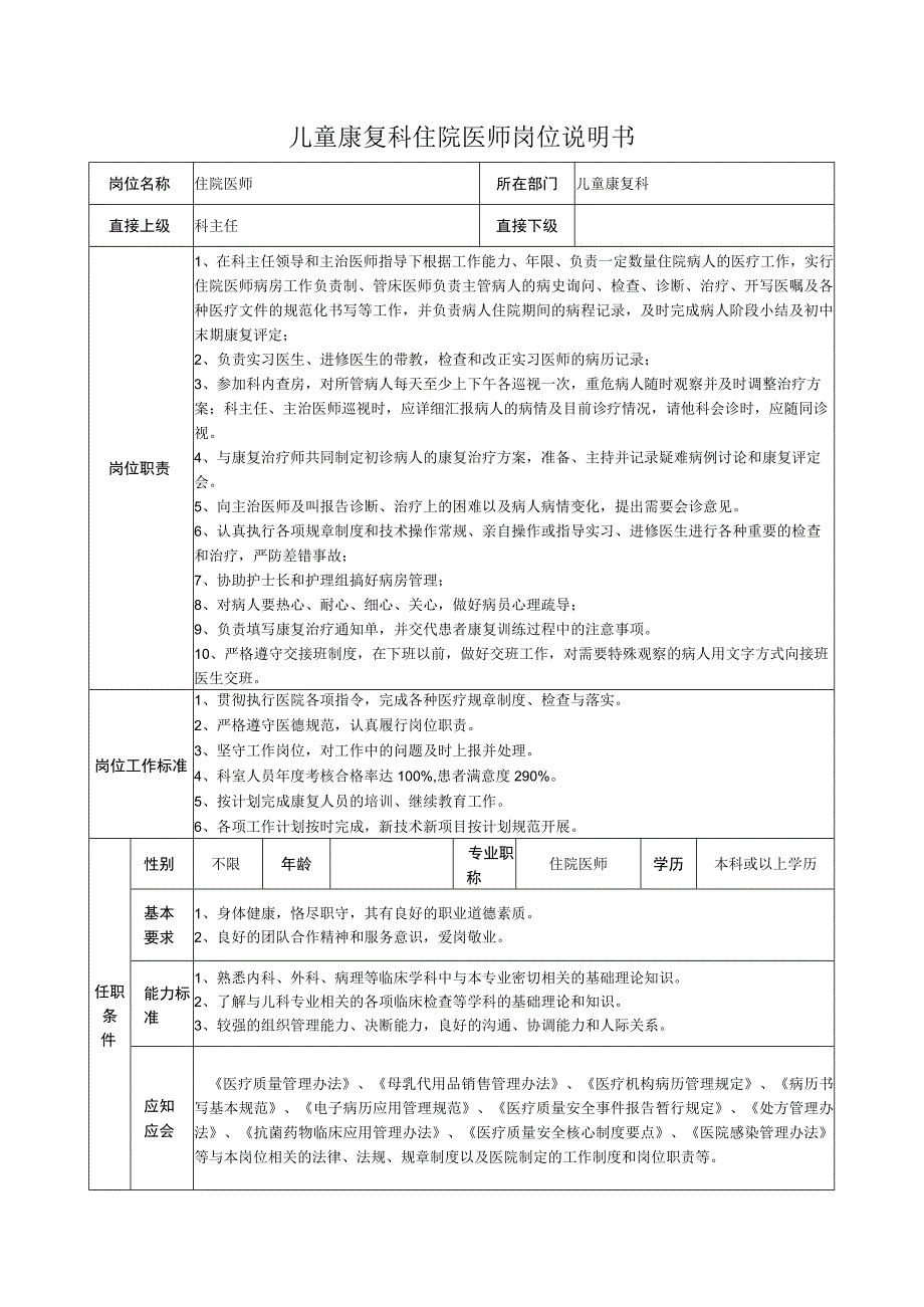 儿童康复科住院医师岗位说明书.docx_第1页