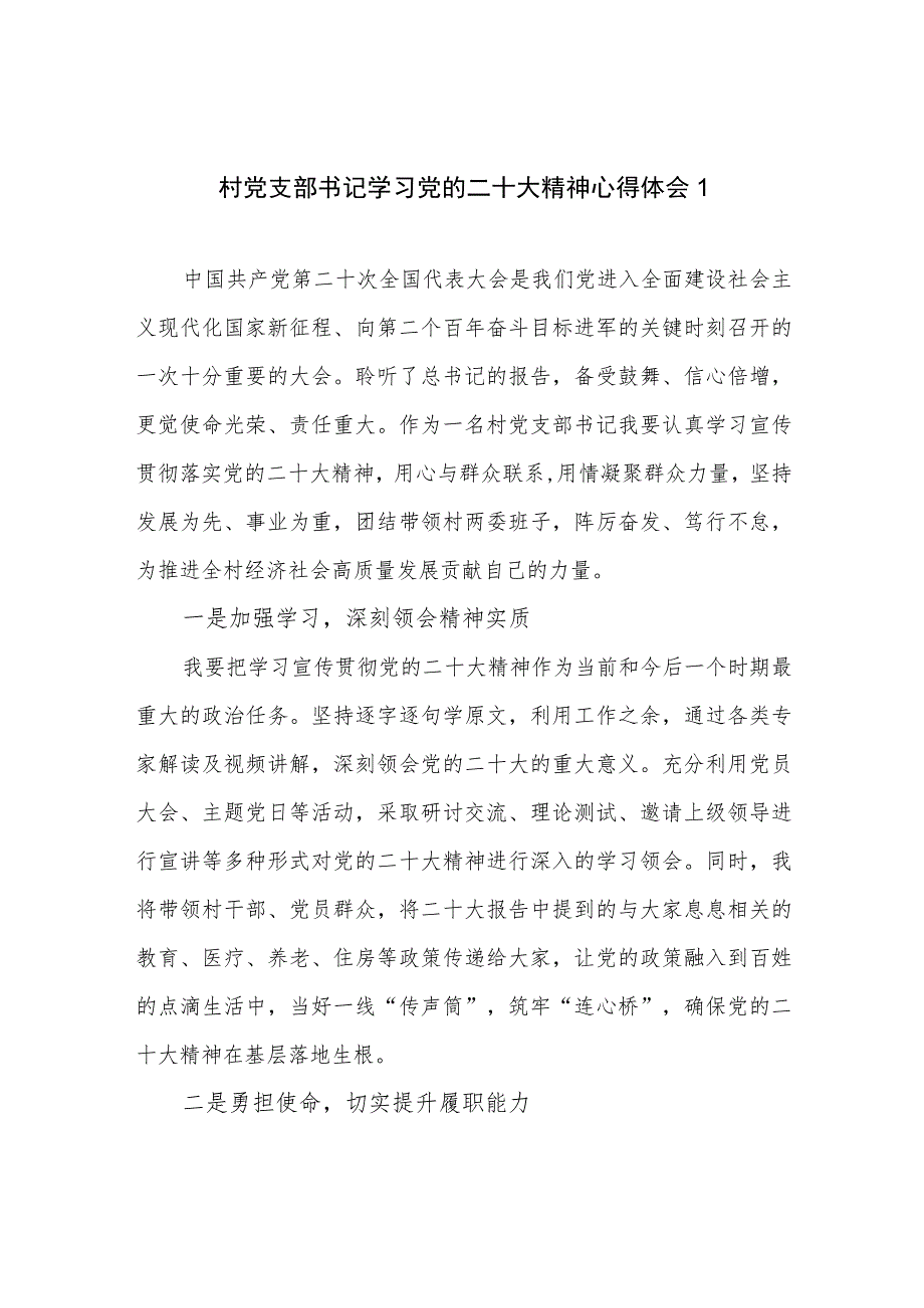 村支书农村党支部书记学习党的二十大精神心得体会研讨发言感想5篇.docx_第1页