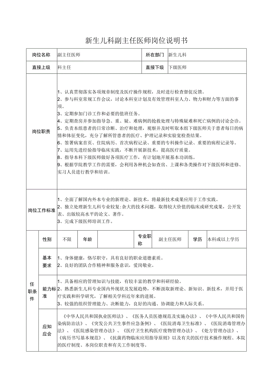 新生儿科副主任医师岗位说明书.docx_第1页