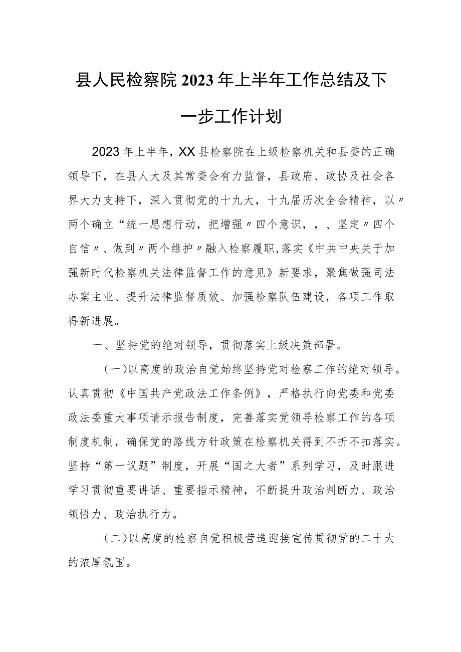 县人民检察院2023年上半年工作总结及下一步工作计划.docx_第1页