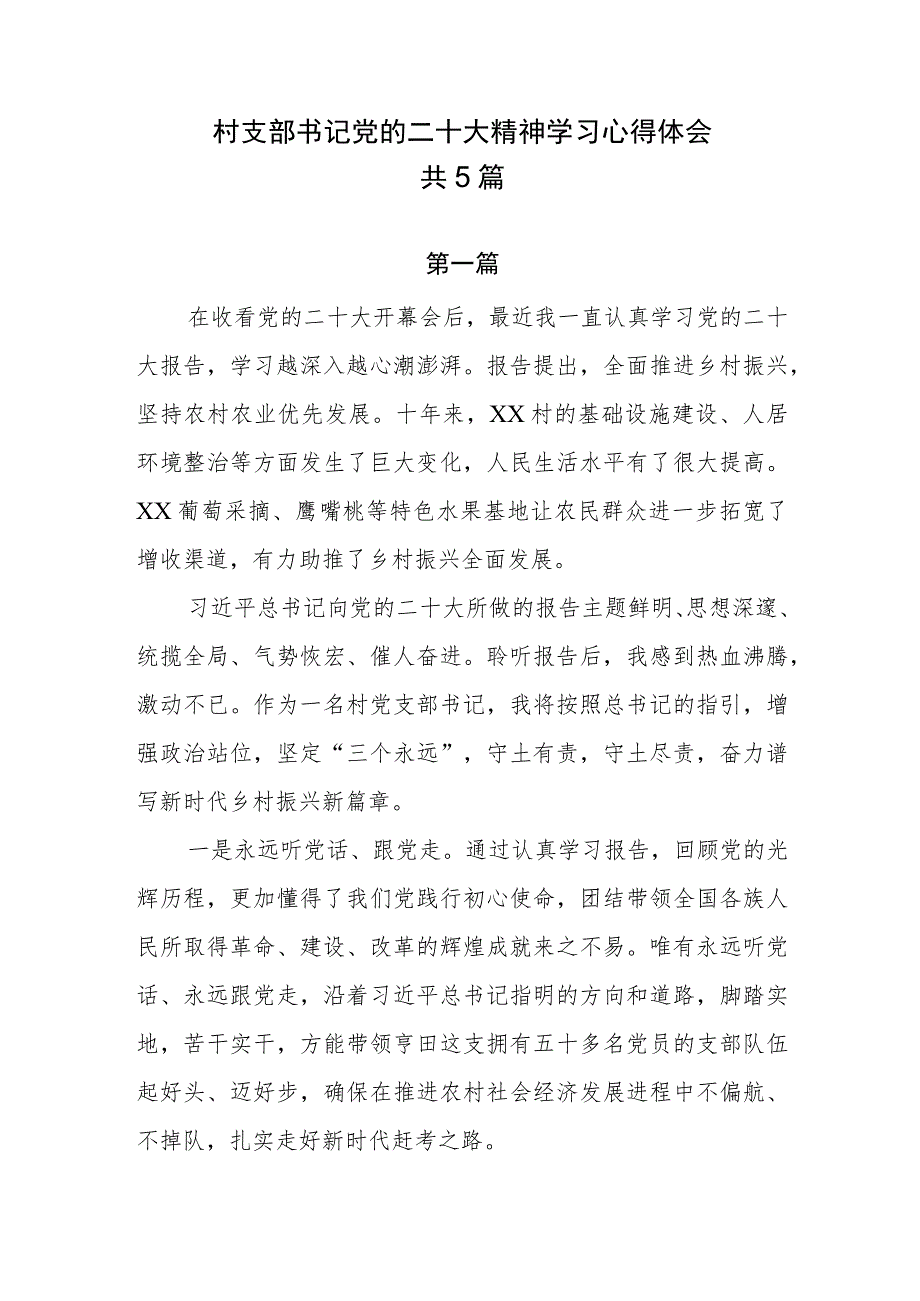 村支部书记党的二十大精神学习心得体会5篇.docx_第1页