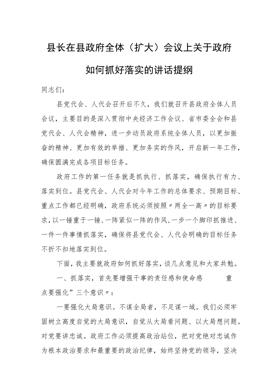 县长在县政府全体（扩大）会议上关于政府如何抓好落实的讲话提纲.docx_第1页