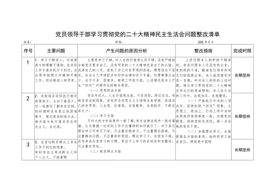 党员领导干部学习贯彻党的二十大精神民主生活会问题整改清单.docx_第1页