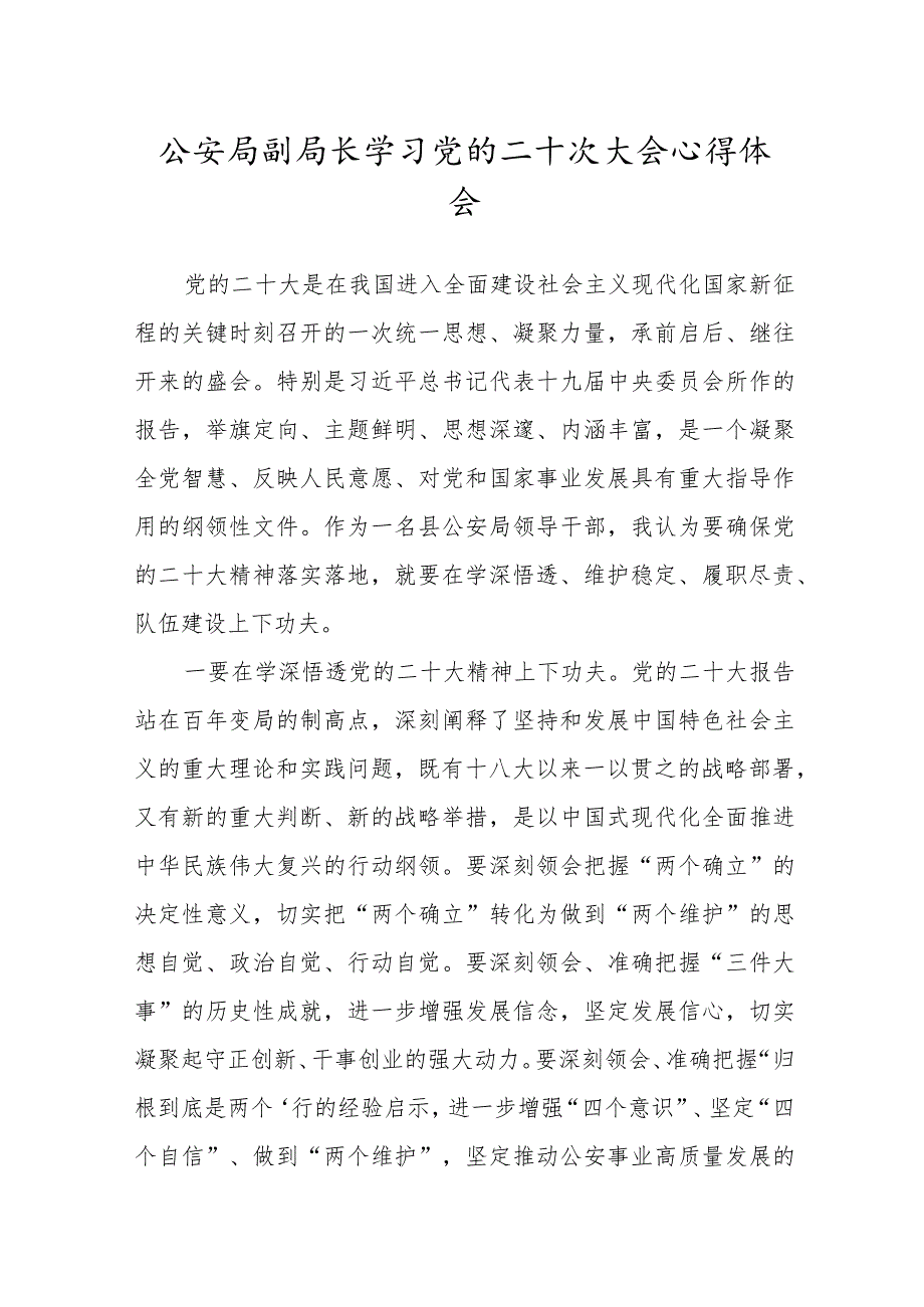 公安局副局长学习党的二十次大会心得体会.docx_第1页