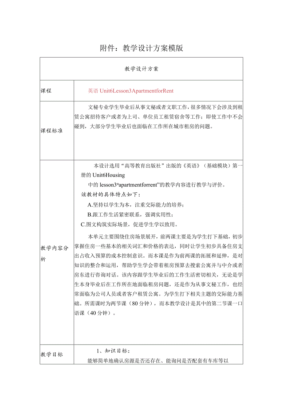 《apartment for rent教学设计.docx_第1页