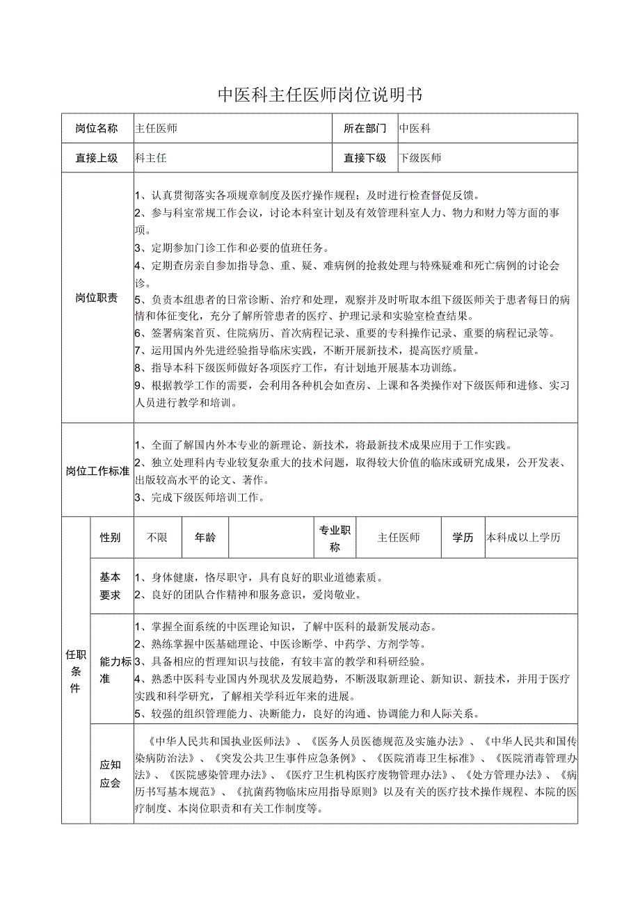 中医科主任医师岗位说明书.docx_第1页