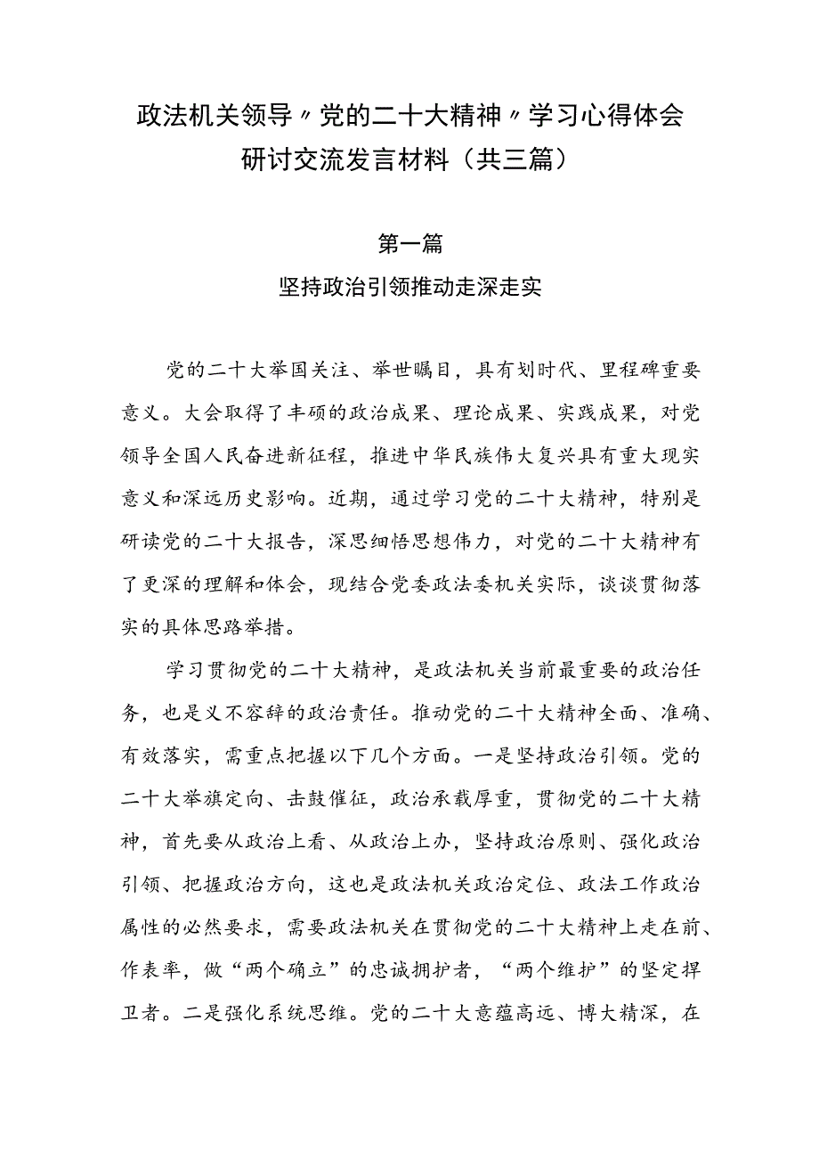 政法机关领导“党的二十大精神”学习心得体会研讨交流发言材料（共三篇）.docx_第1页