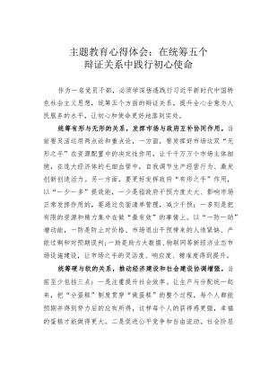 主题教育心得体会：在统筹五个辩证关系中践行初心使命.docx