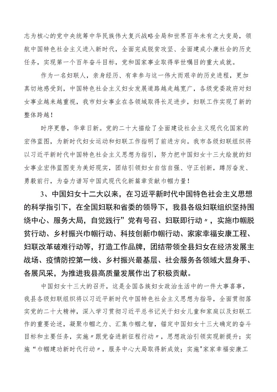 （八篇）第十三次中国妇女代表大会研讨材料、学习心得.docx_第2页