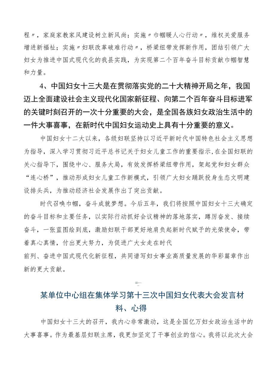 （八篇）第十三次中国妇女代表大会研讨材料、学习心得.docx_第3页