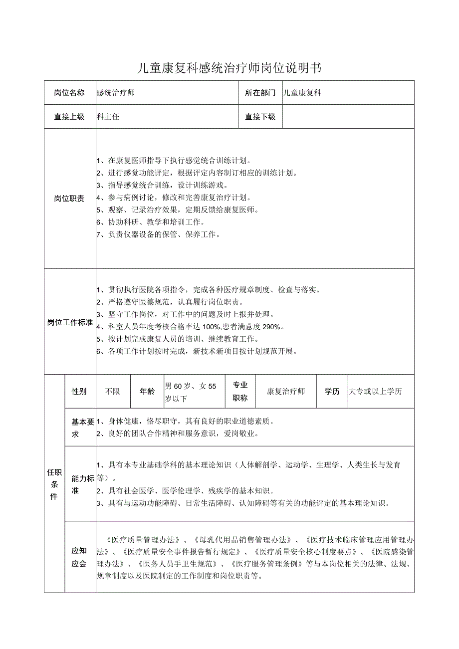 儿童康复科感统治疗师岗位说明书.docx_第1页