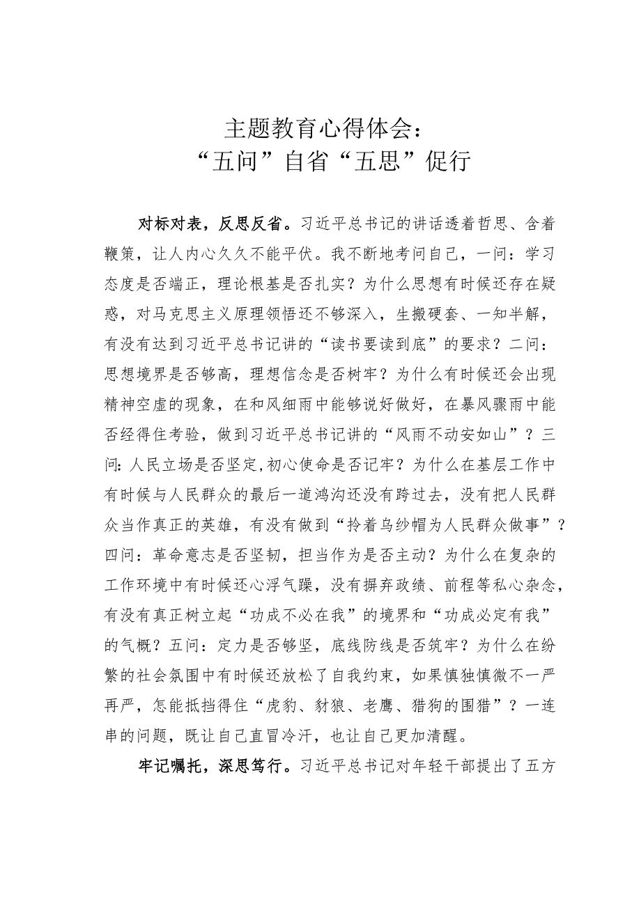 主题教育心得体会：“五问”自省“五思”促行.docx_第1页