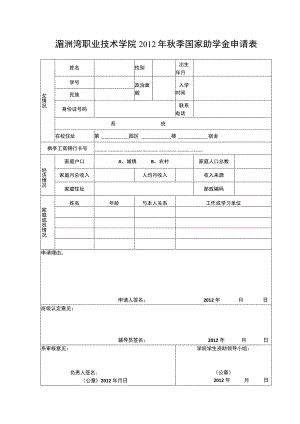 湄洲湾职业技术学院2012年秋季国家助学金申请表.docx