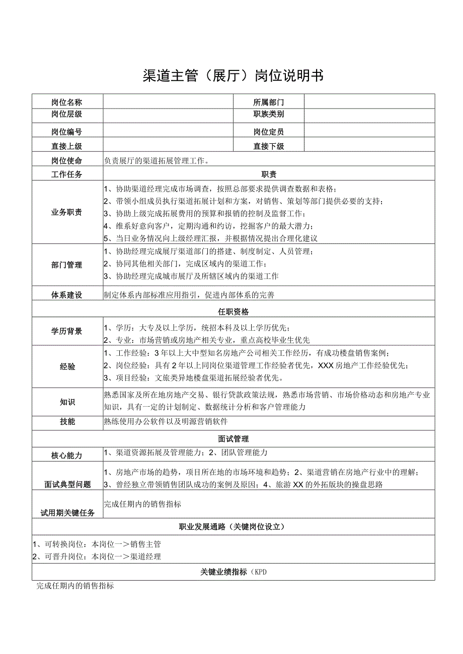 渠道主管（展厅）岗位说明书.docx_第1页