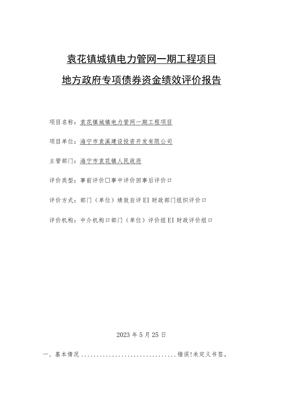 袁花镇城镇电力管网一期工程项目地方政府专项债券资金绩效评价报告.docx_第1页