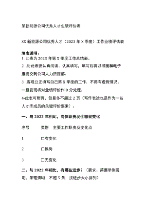 某新能源公司优秀人才业绩评估表.docx