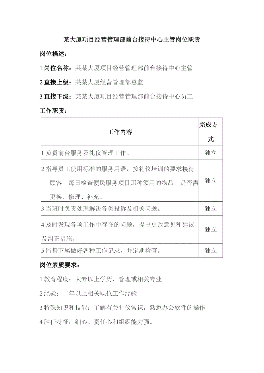 某大厦项目经营管理部前台接待中心主管岗位职责.docx_第1页