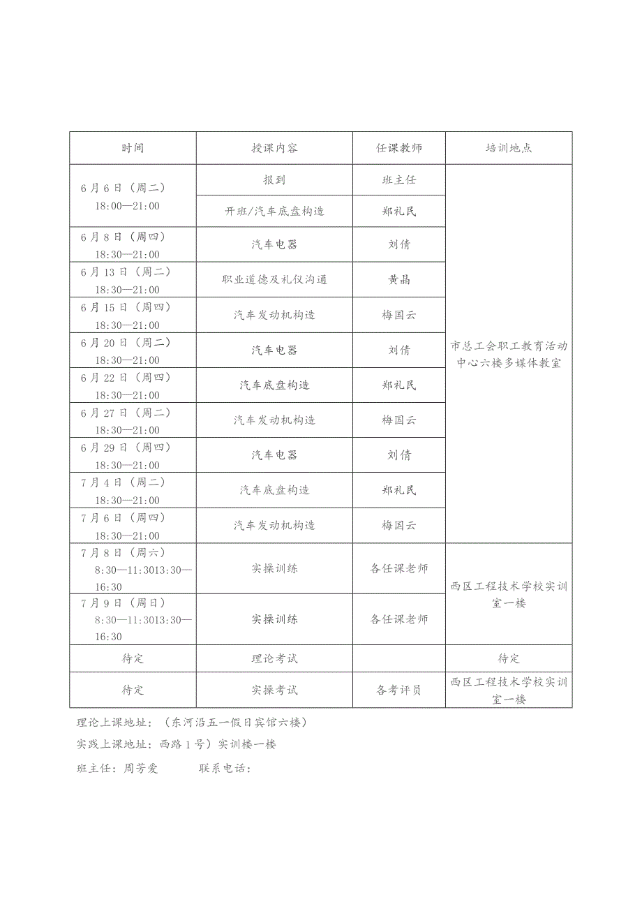 汽车维修中级职业技能提升培训班课程表.docx_第1页