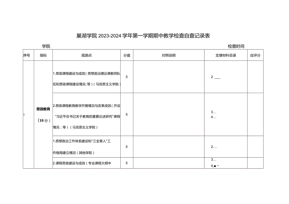 巢湖学院2023—2024学年第一学期期中教学检查自查记录表.docx_第1页