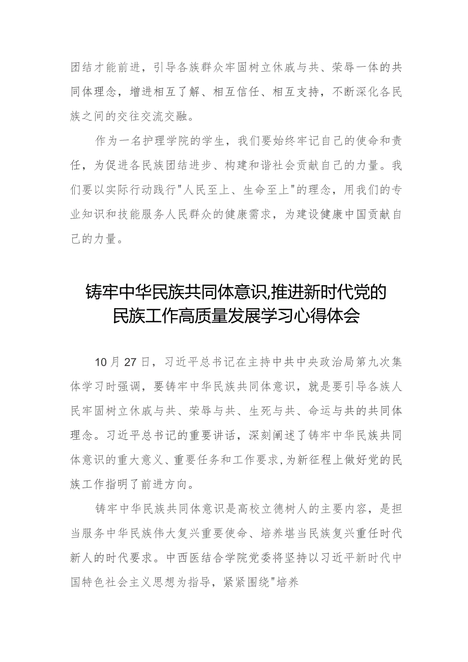 三篇关于学习《铸牢中华民族共同体意识,推进新时代党的民族工作高质量发展》心得体会发言稿.docx_第2页