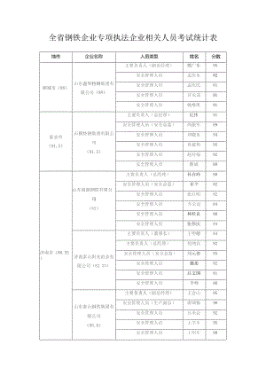 全省钢铁企业专项执法企业相关人员考试统计表.docx