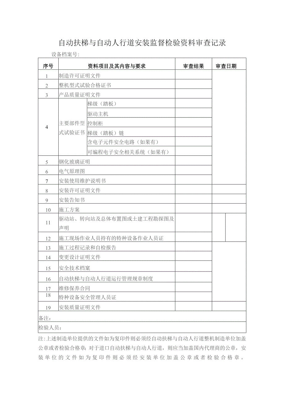 自动扶梯与自动人行道安装监督检验资料审查记录.docx_第1页