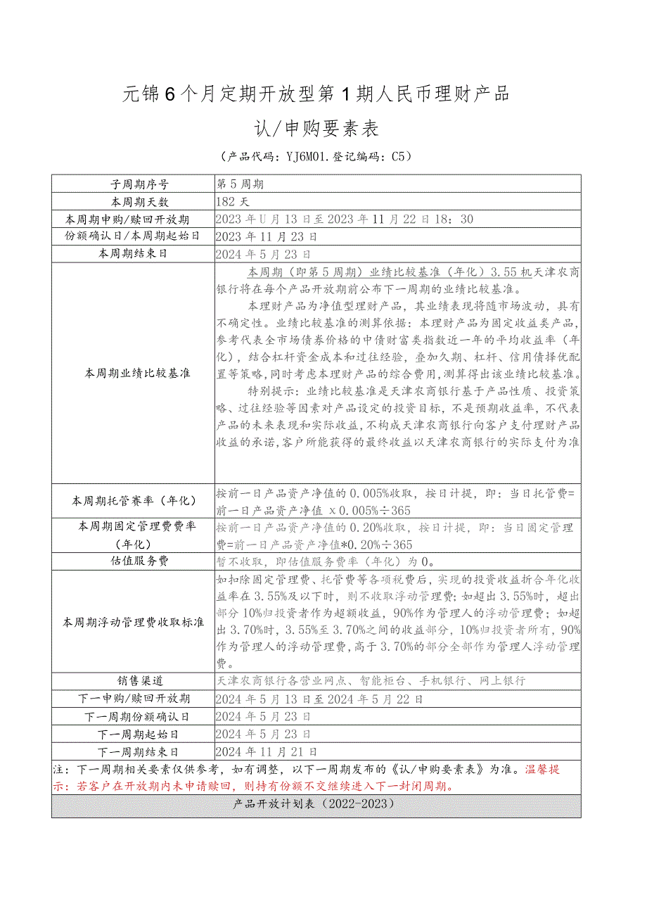 元锦6个月定期开放型第1期人民币理财产品认申购要素表.docx_第1页