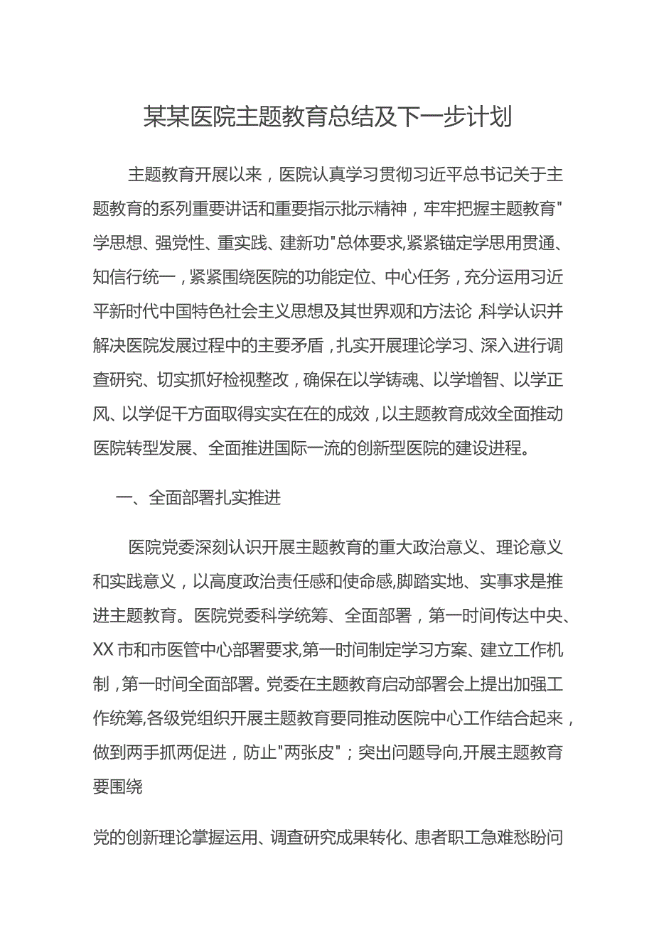 某某医院主题教育总结及下一步计划.docx_第1页