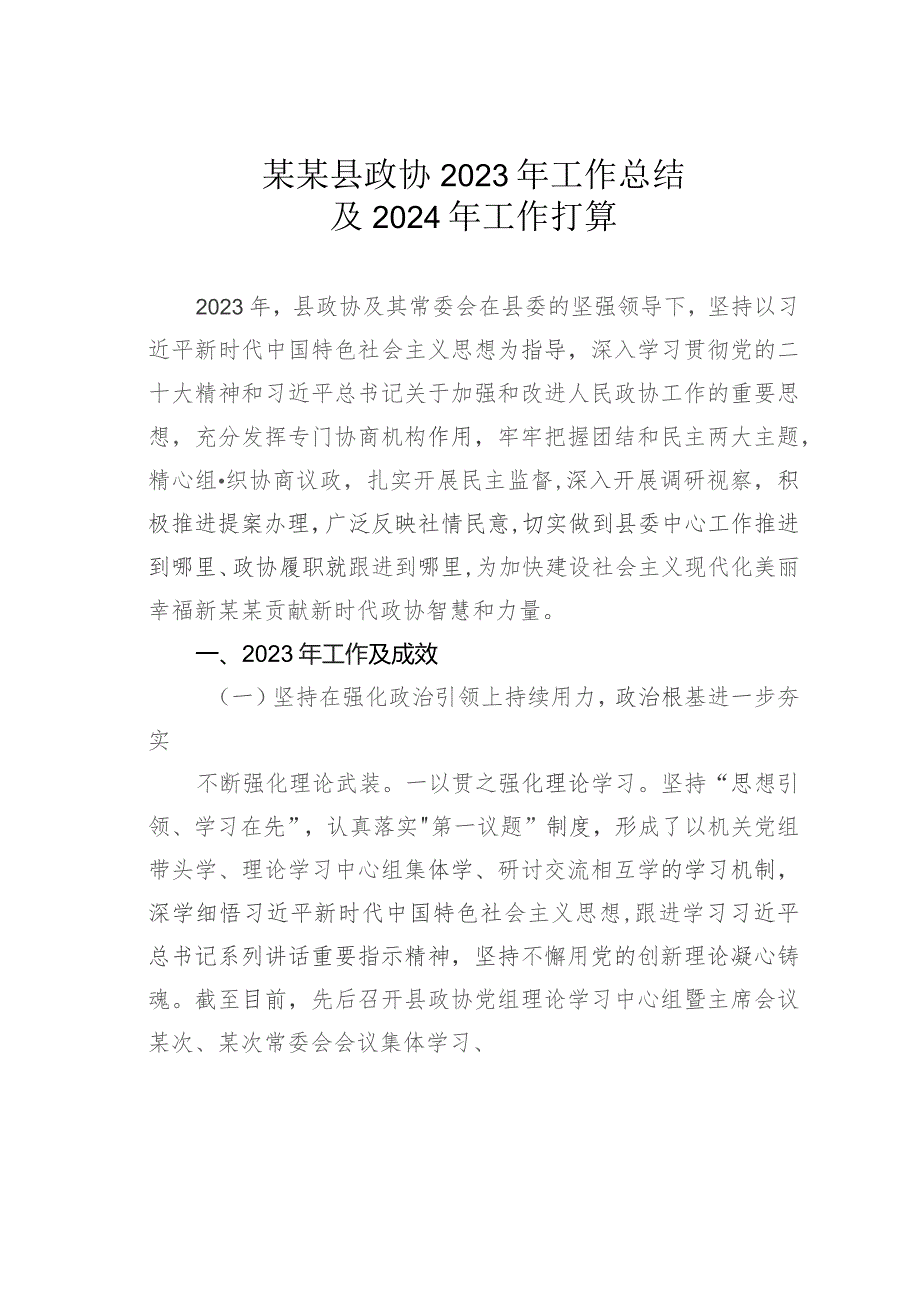 某某县政协2023年工作总结及2024年工作打算.docx