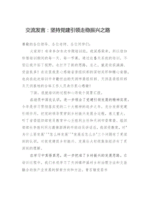 交流发言：坚持党建引领+走稳振兴之路.docx